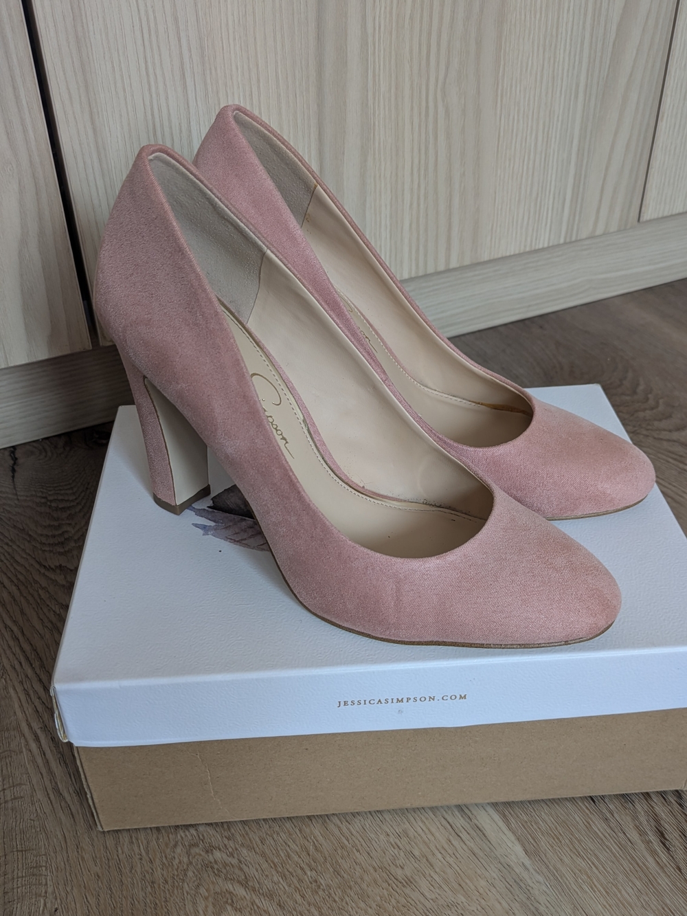 Jessica Simpson Blush Pink MicroSuede Round-Toe Block Heel Pumps